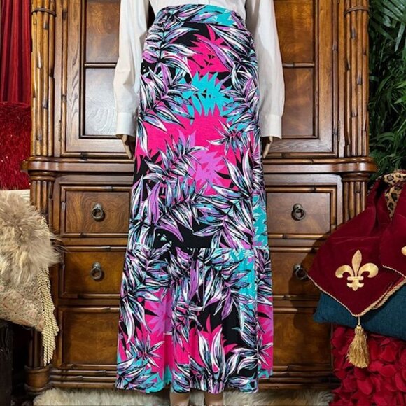 IMAN Dresses & Skirts - IMAN Global Chic Black Pink Purple Aqua Palm Tier Hem Elastic Waist Maxi Skirt